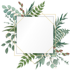 Wall Mural - Wedding invitation with eucalyptus leaves, watercolor, isolated on white. Vector Watercolour.