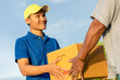 © SKT Studio - Delivery man holding brown parcel or cardboard boxes and delivery to customer at countryside and view of rice field