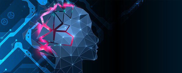 Artificial intelligence (AI) and big data concept. Machine cyber mind.  Humen face with binary data flow. Technology vector background.