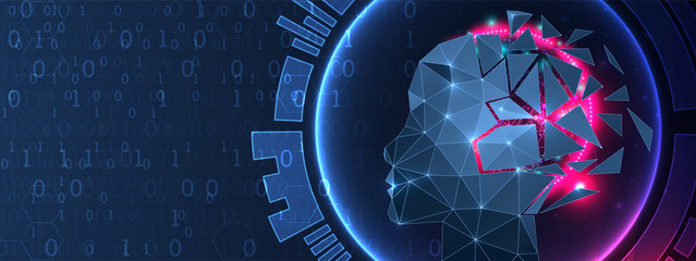 Artificial intelligence (AI) and big data concept. Machine cyber mind.  Humen face with binary data flow. Technology vector background.
