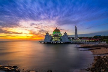 Wall Mural - Sunset moments at Malacca Straits Mosque ( Masjid Selat Melaka), It is a mosque located on the man-made Malacca Island near Malacca Town, Malaysia