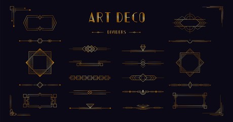 art deco divider header set. gold retro artdeco border 1920s decorative ornaments, vector minimal el