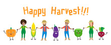 Happy Harvest. Farmers And Cartoon Vegetables Holding Hands On White Background