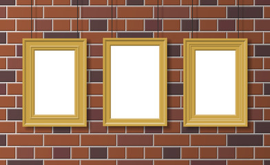 Wall Mural - three golden picture frames hanging on brick wall mock up