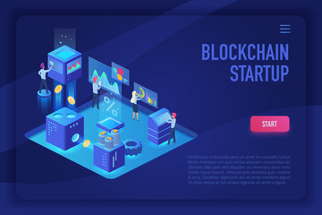 Poster - Blockchain startup team. Cryptocurrency and blockchain isometric ultraviolet light landing page vector template with people, analysts and managers vector illustration.