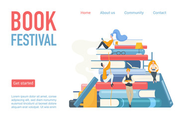 Wall Mural - Book festival landing page poster vector illustration. Students man and woman reading, leaning and sitting on big books. Flat design for library, online learning, book store or modern education.