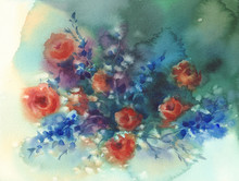 Red Roses And Blue Flowers Watercolor Background
