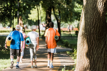 Wall Mural - back view of senior and multicultural pensioners holding fitness mats and walking in park