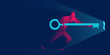 Businessman holding giant key to the keyhole. Solution, open new opportunities or problem solving business concept in red and blue neon gradients