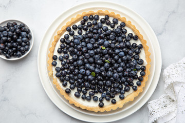 blueberry tart  on white marble background