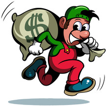 Cartoon Style Man, Running With The Bag Of Money, Vector Funny Cartoon Character.