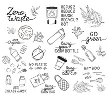 Zero Waste Concept Outline Items And Elements. Glass Bottles, Eco Grocery Bags, Bamboo Cutlery, Toothbrush And Brush, Reusable Cup. Ecology Outline Elements. No Plastic, Go Green Illustration.