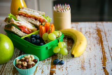 Back To School Concept - Packed School Lunch On Kitchen Background, Copy Space