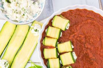 Wall Mural - Zucchini rollups with cheese in marinara sauce.