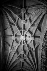 Religion, Medieval Gothic architecture inside a cathedral in Spain. Stones and beautiful ashlars forming a dome