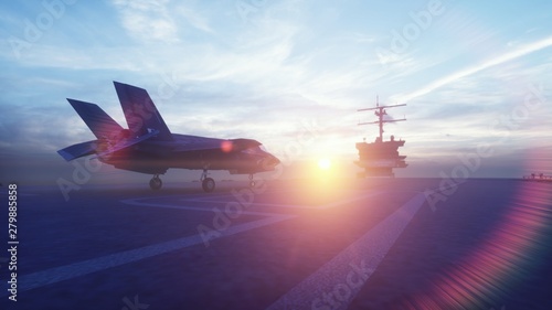 Obraz Dibond Myśliwiec F-35 startuje pionowo z lotniskowca o wschodzie słońca. Renderowanie 3D