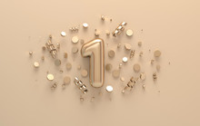 Golden 3d Number 1 With Festive Confetti And Spiral Ribbons. Poster Template For Celebrating 1st Anniversary Event Party. 3d Render