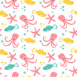 Seamless pattern with sea animal - fish, starfish, octopus. Cute cartoon character.