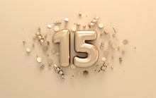 Golden 3d Number 15 With Festive Confetti And Spiral Ribbons. Poster Template For Celebrating Anniversary Event Party. 3d Render