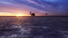 Black Hawk Military Helicopters Fly At Sunrise Across The Boundless Sea. 3D Rendering