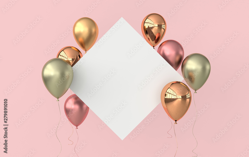 Illustration of glossy rose gold, colorful balloons and white paper on ...