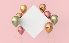Illustration Of Glossy Rose Gold, Colorful Balloons And White Paper On Pink Background. Empty Space For Birthday, Party, Promotion Social Media Banners, Posters. 3d Render Realistic Balloons