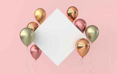 illustration of glossy rose gold, colorful balloons and white paper on pink background. empty space 