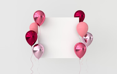 Illustration of glossy pink, red and rose golden balloons on white background. Empty space for birthday, party, promotion social media banners, posters. 3d render realistic balloons