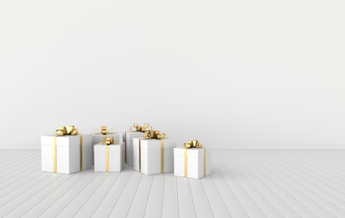 3d rendering of realistic interior with white gift box with golden ribbon bow. Empty space for party, promotion social media banners, posters. Set of present boxes