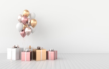 3d render interior with realistic colorful and golden balloons and gift box with bow in the room. Empty space for party, promotion social media banners, posters.