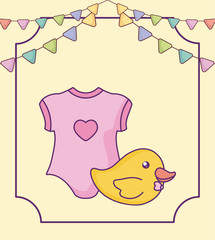 Canvas Print - clothes baby for girl with duck plastic toy with garlands