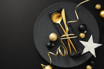 Poster - Gold cutlery served on plate for Christmas Dinner