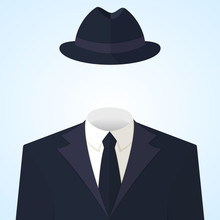 Anonymous Or Invisible Man In A Suit And In A Fedora Hat. Flat Style Colorful Vector Concept Illustration Icon On Light Blue Background.