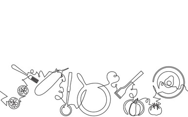 Continuous Line Drawing Pattern with Utensils and Food. Cooking. Vector Illustration.