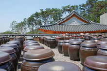 Large Clay Pots Hold Fermenting Kimchi In South Korea.