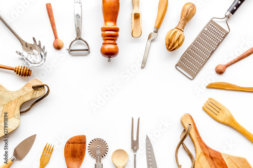 Cuadros en Lienzo Chef work space with cookware frame on white background top view mock up