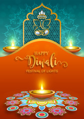 Wall Mural - Diwali, Deepavali or Dipavali the festival of lights india with gold diya patterned and crystals on paper color Background.