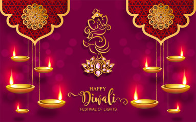 Wall Mural - Diwali, Deepavali or Dipavali the festival of lights india with gold diya patterned and crystals on paper color Background.