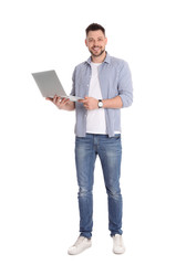 Poster - Happy man with laptop on white background