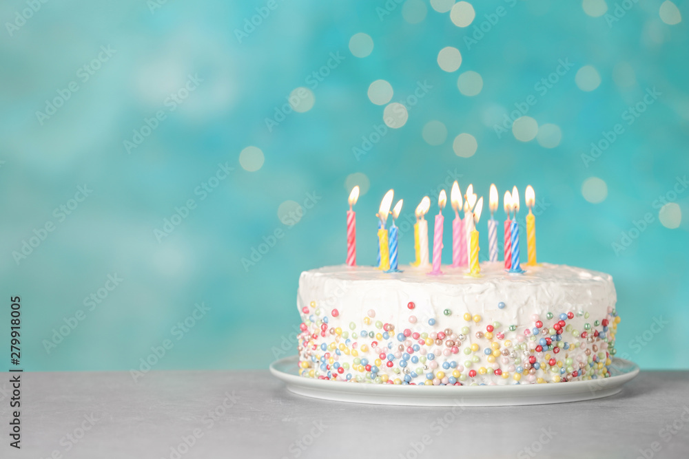 Photo Art Print Birthday Cake With Burning Candles On Table