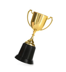 Shiny gold cup on white background. Winner's trophy