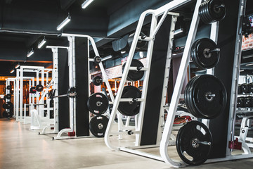 Modern light gym. Sports equipment in gym