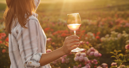 Canvas Print - Woman with glass of wine in rose garden on sunny day, closeup. Space for text