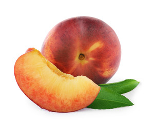 Sweet juicy peaches with leaves on white background