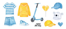 Cute Collection Of Sportive Clothes And Accessories: Shorts, T-shirt, Baseball Caps, Kick Scooter, Warm Hoodie And Sandals. Hand Painted Watercolour Graphic Drawing, Cutout Cliprt Element For Design.