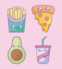 Sticker - french fries with pizza and set icons kawaii style