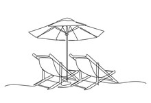 Continuous Line Drawing Of Beach Umbrella And Chairs. Summer Vacation Concept. Coast Of The Sea, Umbrella, Chaise Longue. Summer Background Illustration For Beach Holiday Isolated On White Background.