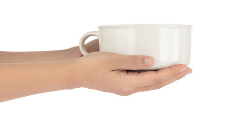 Wall Mural - Hand holding Empty white Soup Bowls isolatedon white background