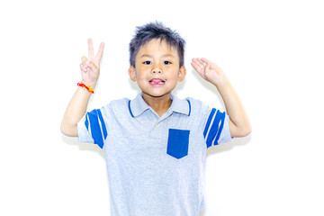 happy little asian  boy  in studio, fashion kids portrait white bacground.