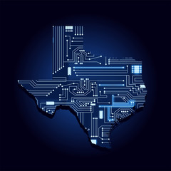 contour map of texas with a technological electronics circuit. usa state. blue background.
